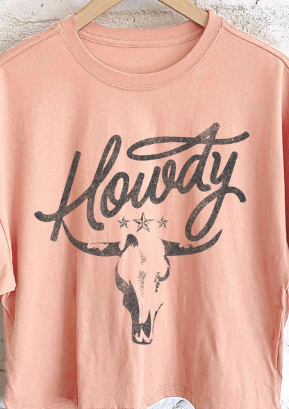 Women's Howdy Cow Skull Long Crop Tee