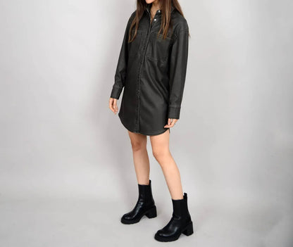 RD International - Aliska Distressed Faux Leather Snap Front Shirt Dress - Rack Hunt