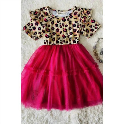 Lulu Clothes - Girl's Leopard Print Ruffle Sleeve Dress With Hot Pink Tulle Skirt - Rack Hunt