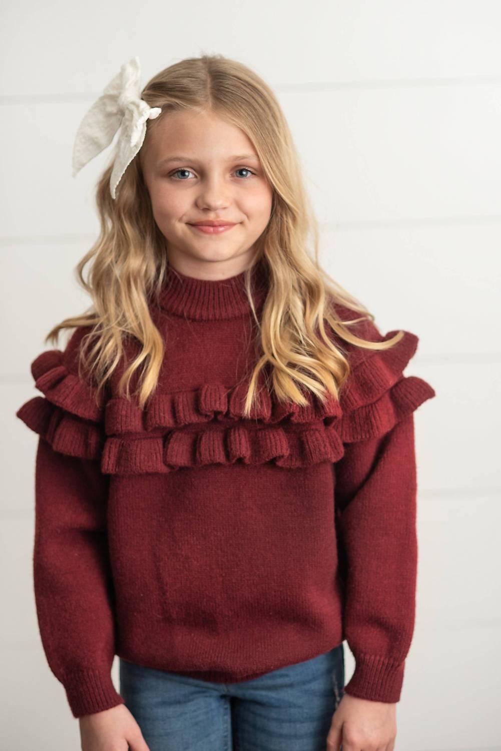 Girl's Double Ruffle Crewneck Sweater