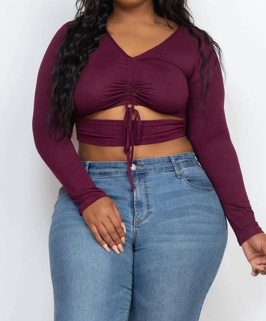 Drawstring Ruched Cutout Crop Top - Plus