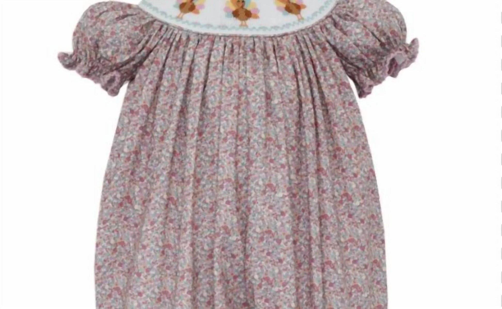 Anavini - Girl's Floral Turkey Girl Puff Sleeve Smocked Romper With Insert - Rack Hunt