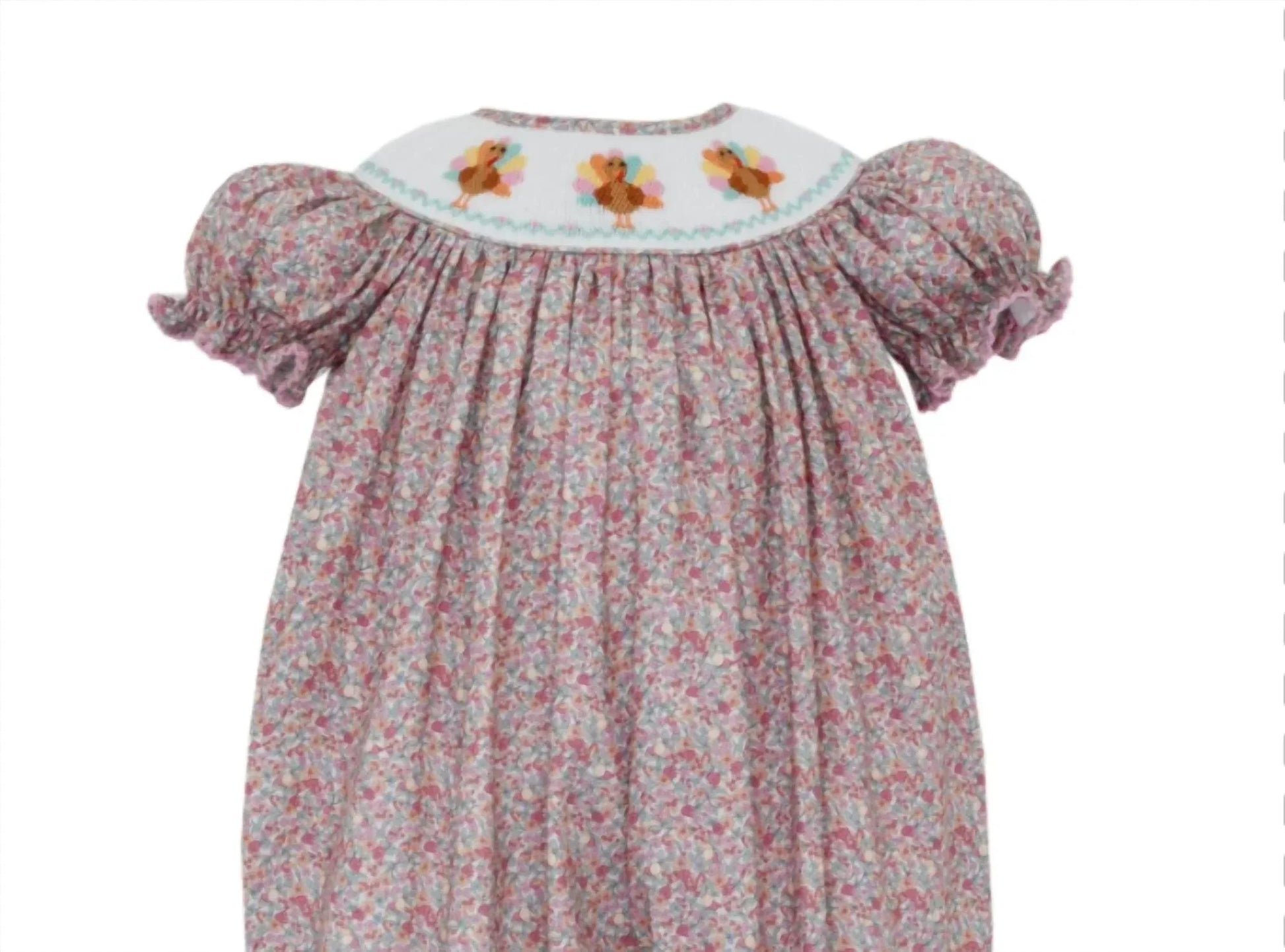Anavini - Girl's Floral Turkey Girl Puff Sleeve Smocked Romper With Insert - Rack Hunt