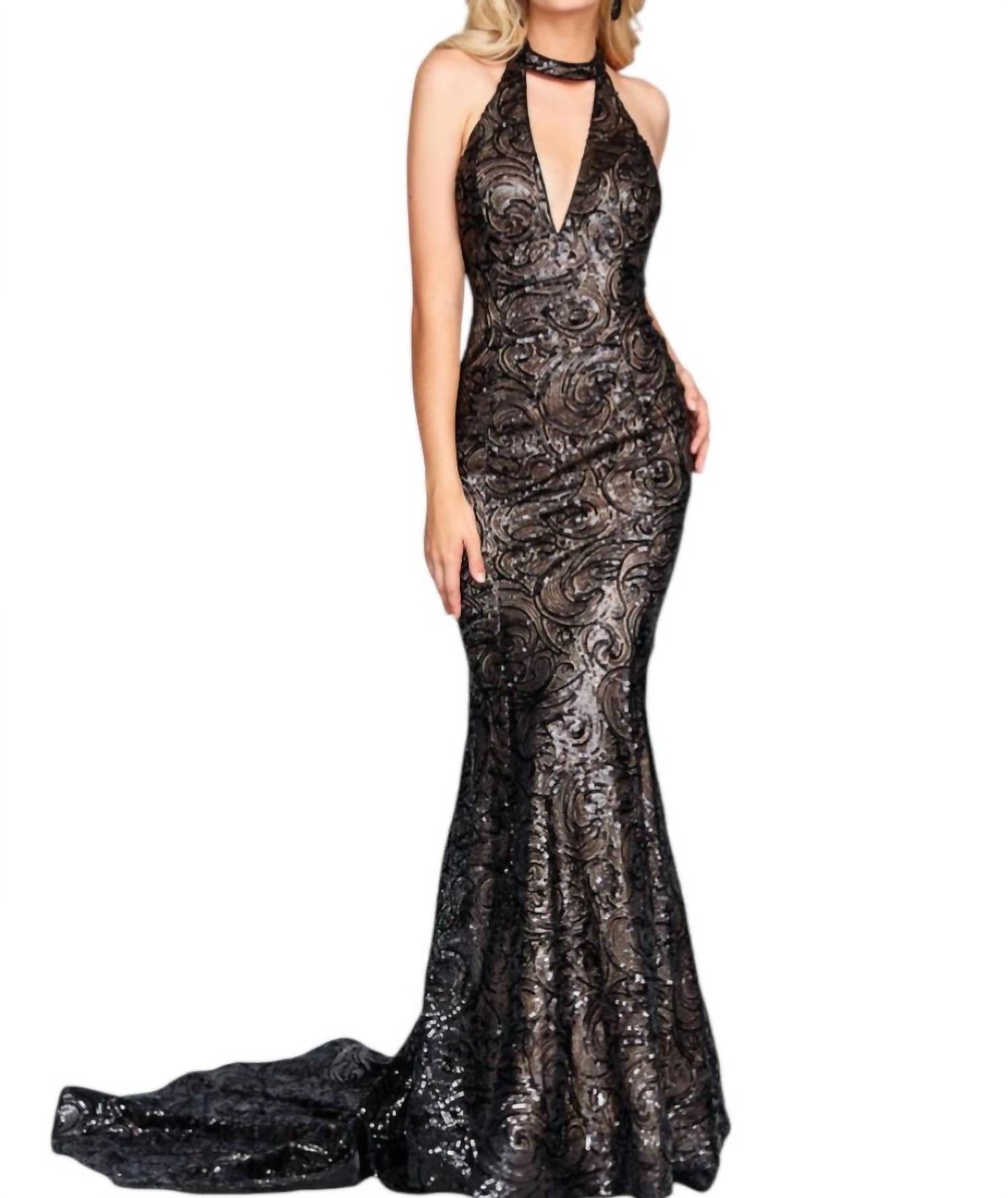 Halter V-neck Sequin Maxi Dress
