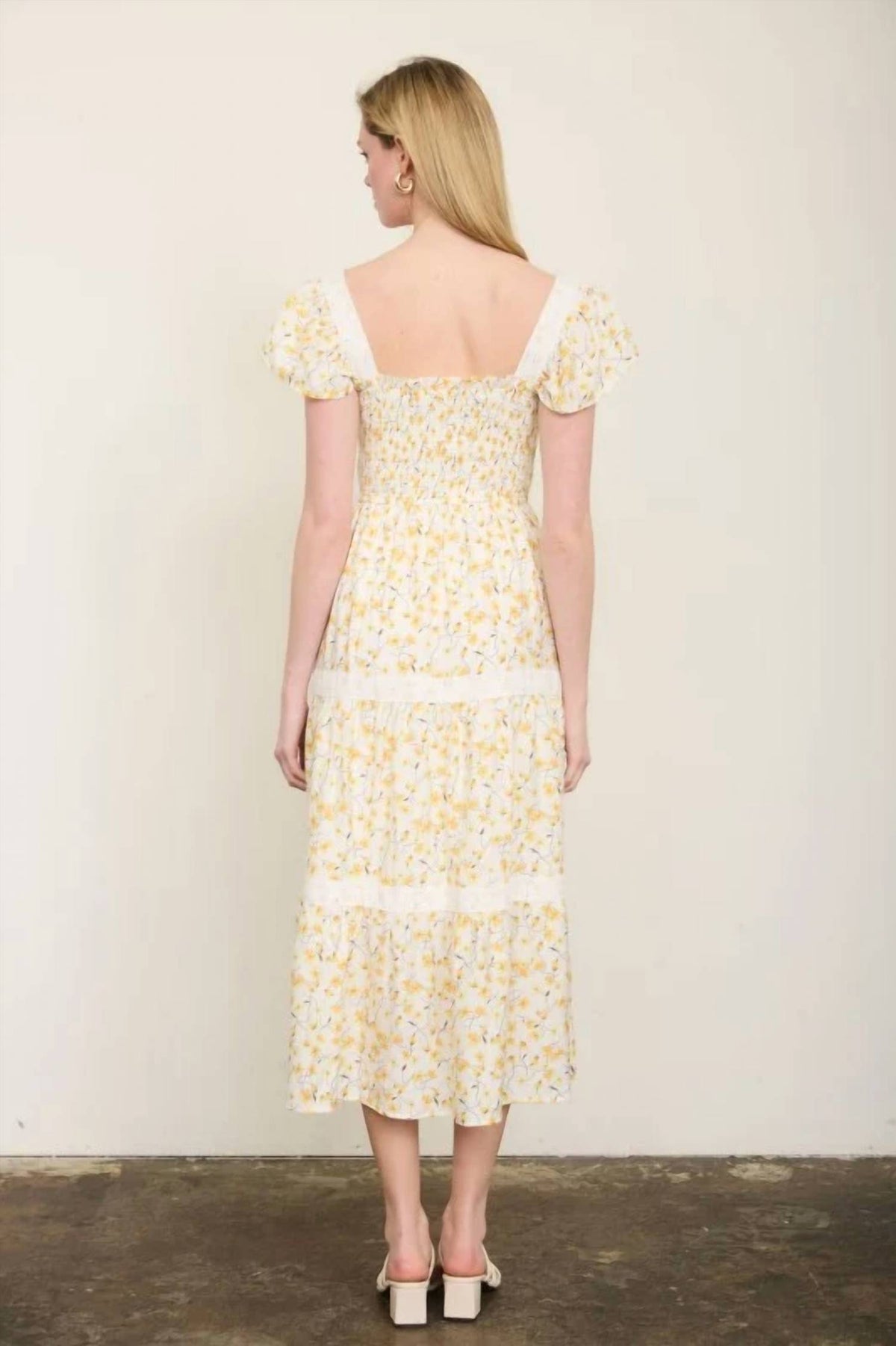 Floral Lace Trim Smocked Tiered Midi Dress