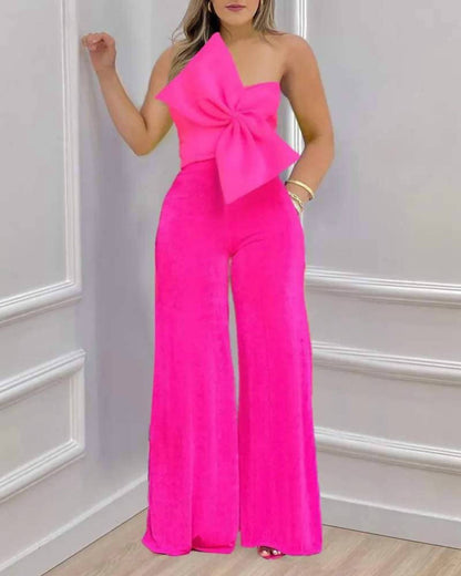 One-shoulder Bow Detail Wide-leg Set