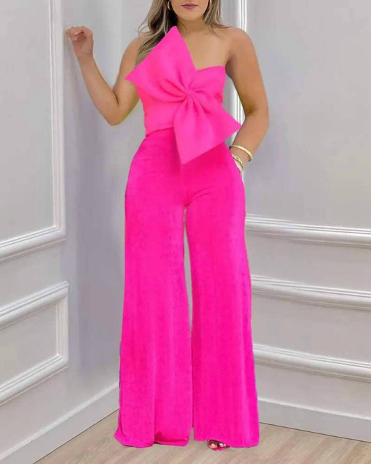 One-shoulder Bow Detail Wide-leg Set