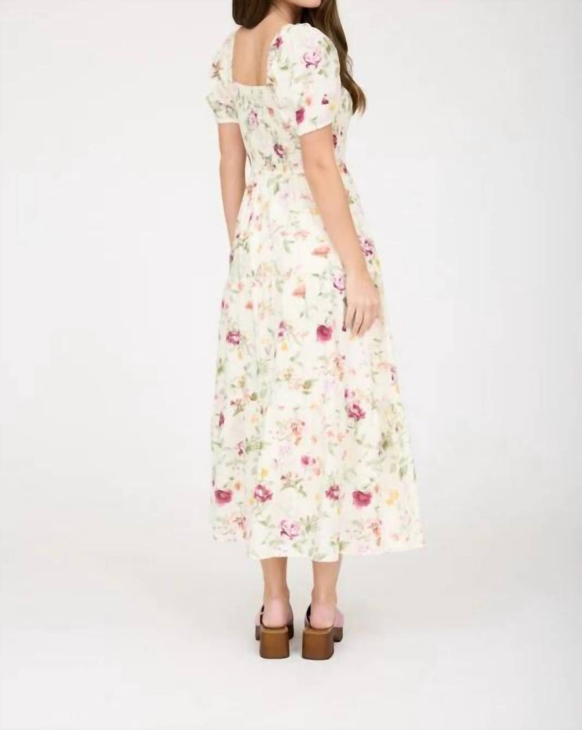 Floral Smocked Puff Sleeve A-line Midi Dress