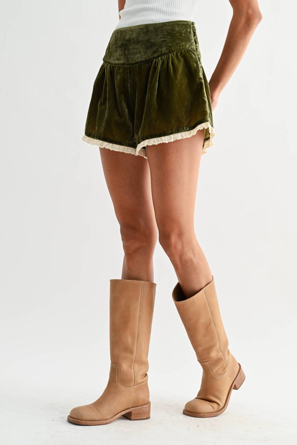 Velvet High-waisted Lace-trimmed Shorts
