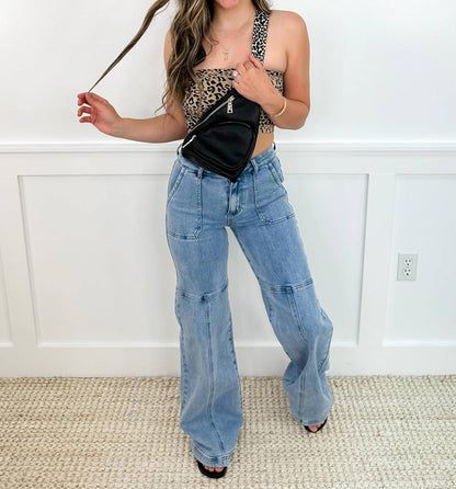 High-rise Cotton Blend Wide Leg Jeans