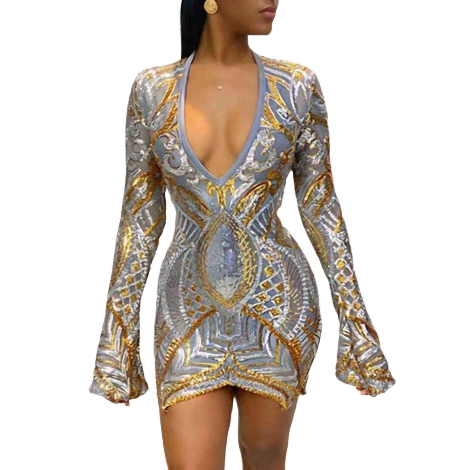 GAJE - Sleek Sequin Long Sleeve Bodycon Mini Dress - Rack Hunt