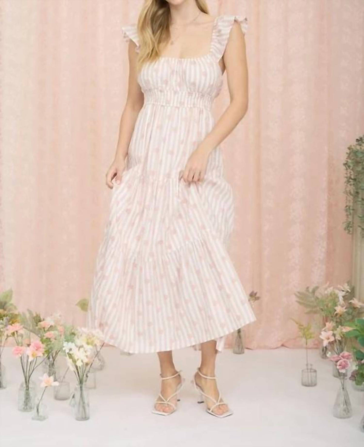 Stripe Floral Flounce Strap Tiered Midi Dress