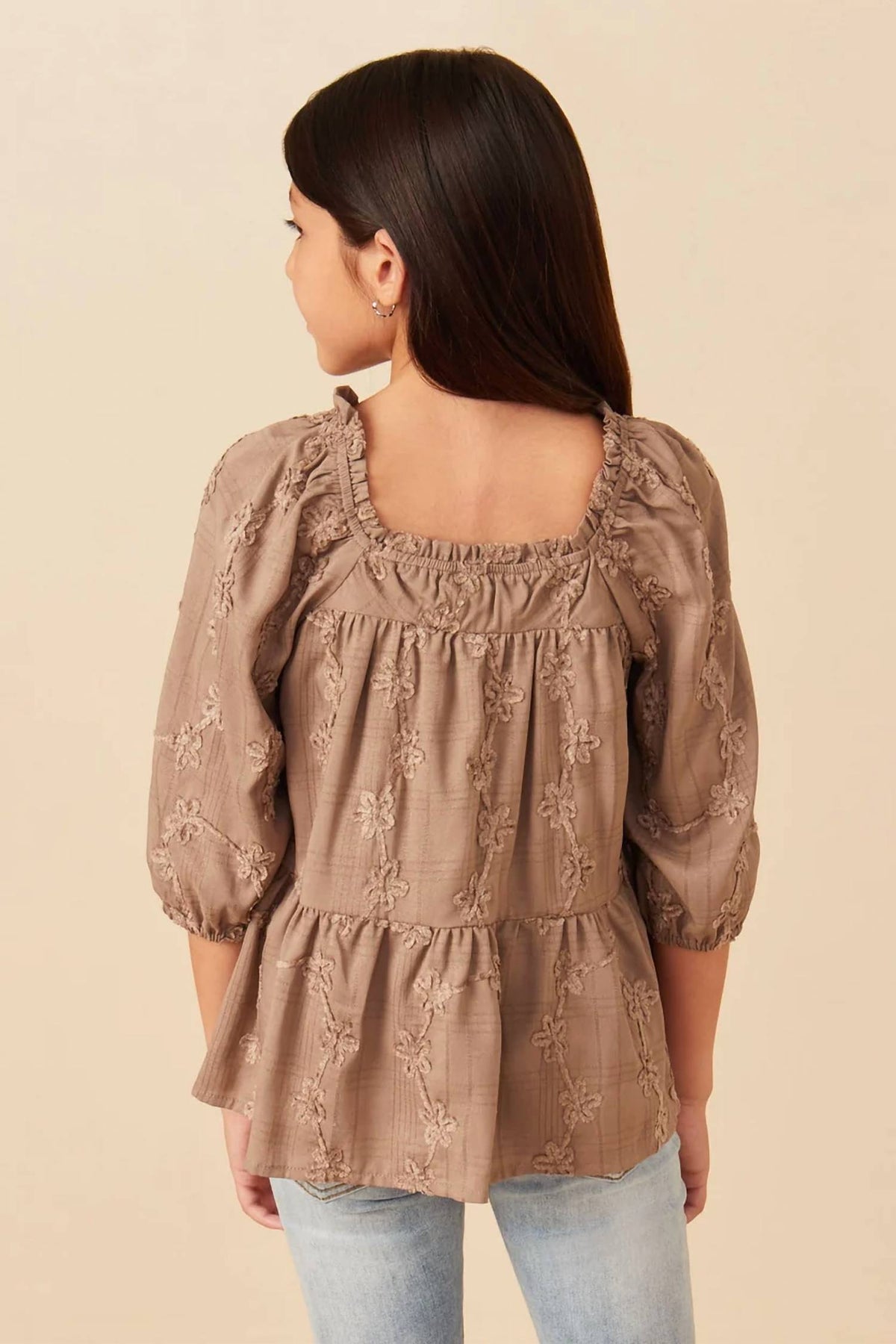 Brushed Floral Puff Sleeve Square Neck Top