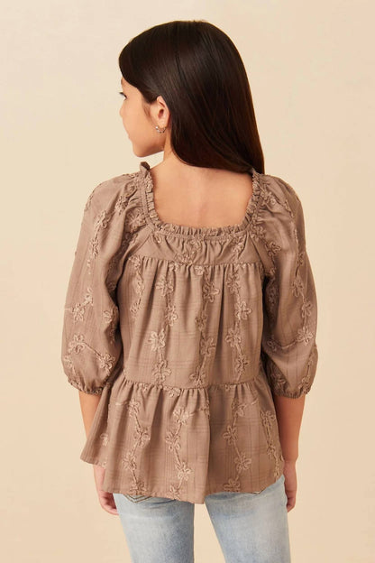 Brushed Floral Puff Sleeve Square Neck Top