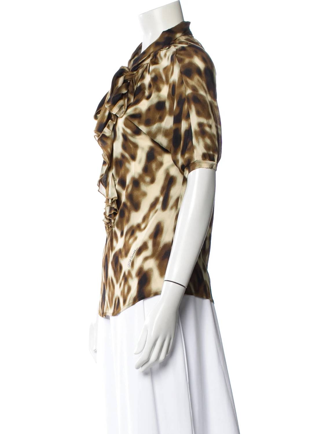 Women's Pre-loved Print Blouse With Ruffle Front Trim And Neck Tie