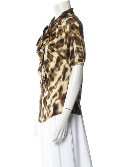 Women's Pre-loved Print Blouse With Ruffle Front Trim And Neck Tie