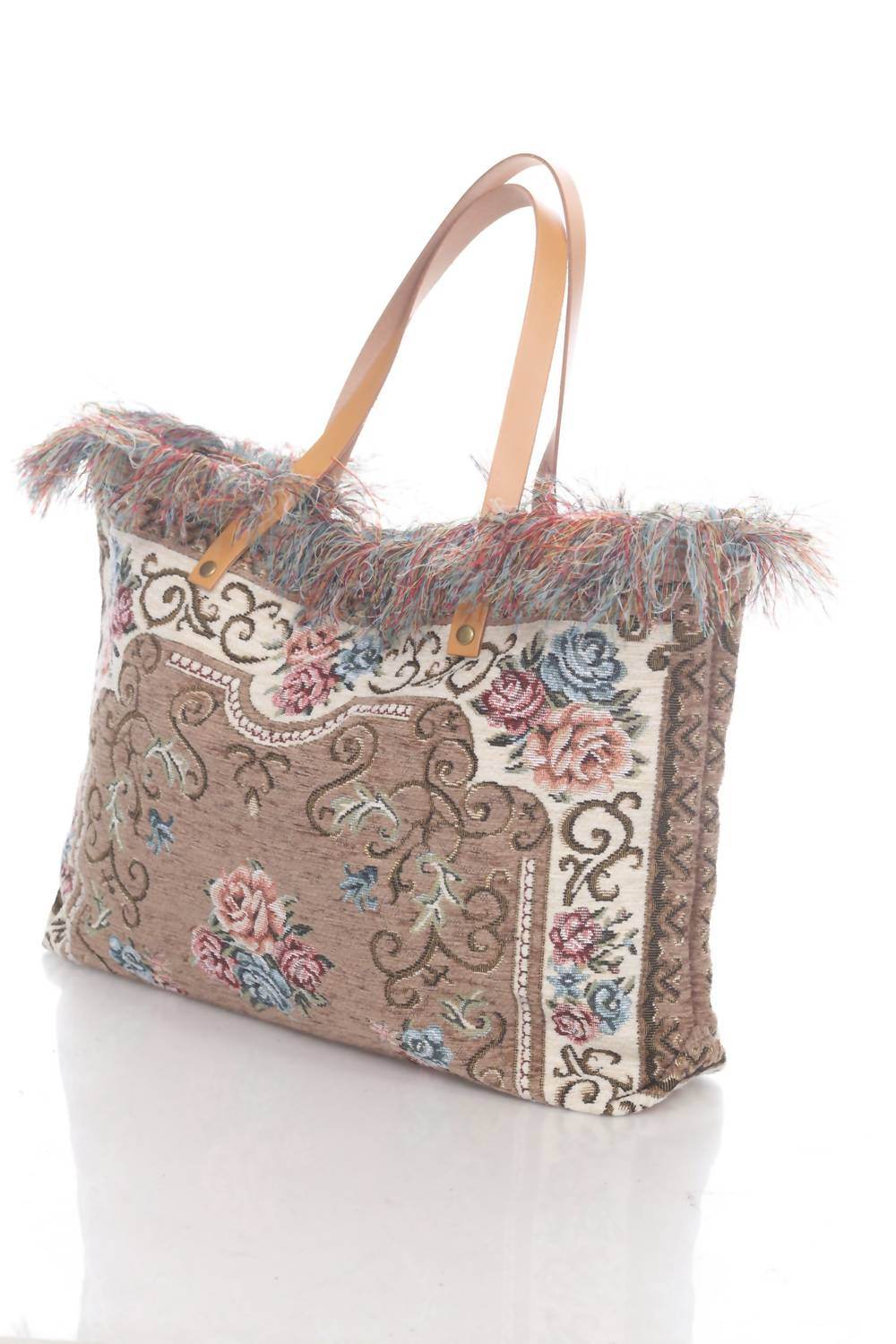 Jijou Capri - Women's Tapestry Leather Double Handle Handbag - Rack Hunt -