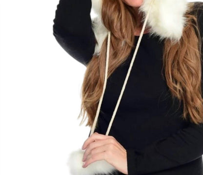 Faux Fur Trimmed Hood Hat With Pom Pom Ties
