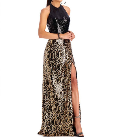 Halter Neck Leopard Print Sequin Evening Gown