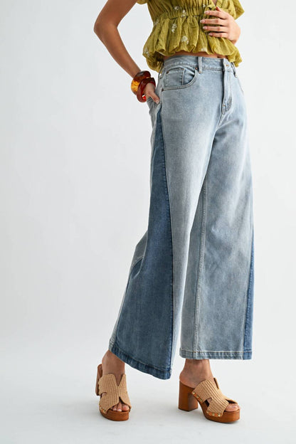 Wide-leg Two-tone High Waist Denim Jeans