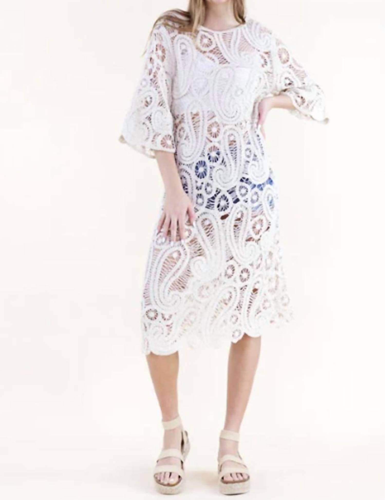 Original USA - Cotton Boho Paisley Boat Neck Crochet Midi Dress - Rack Hunt -