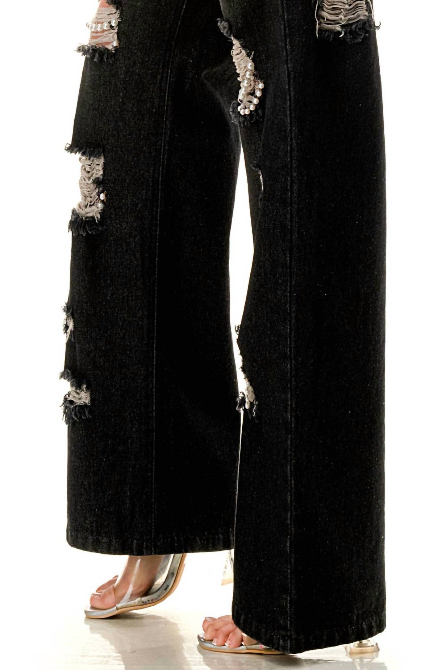Ripped Jeans With Pearls Embellished