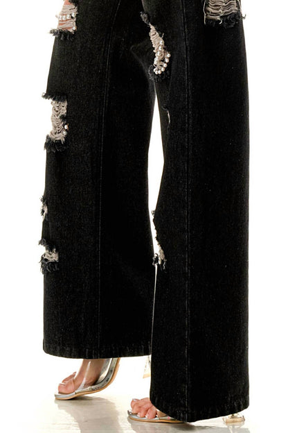 Ripped Jeans With Pearls Embellished
