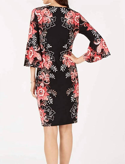 Floral Bell Sleeves Cocktail Dress - Petites