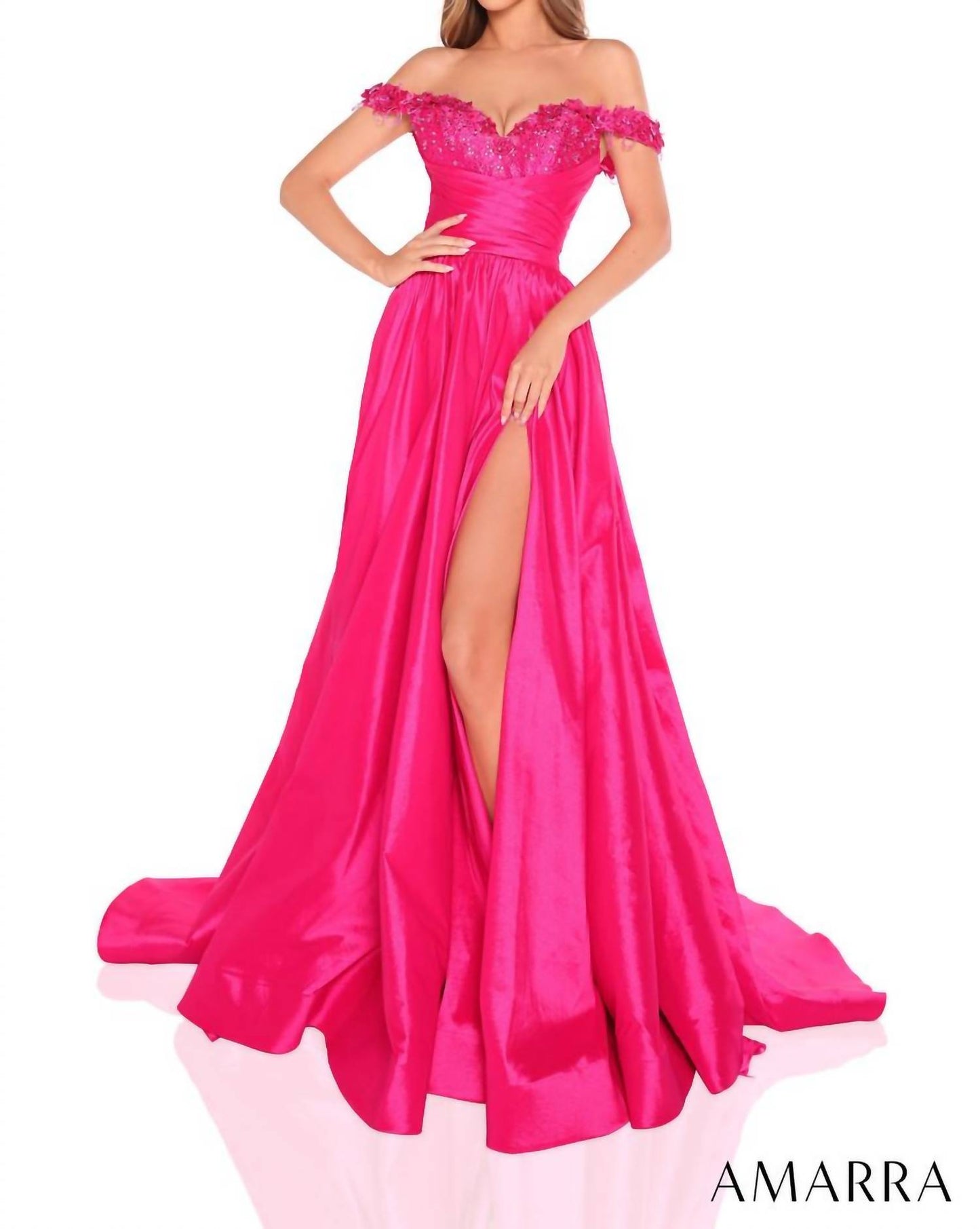 Floral Neckline Pleated Waist High Slit Dress