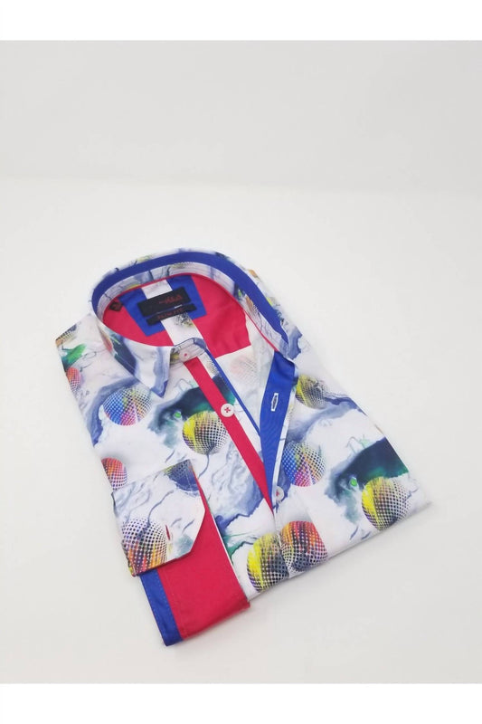 Colorful Globes Button Down Shirt With Red Trim