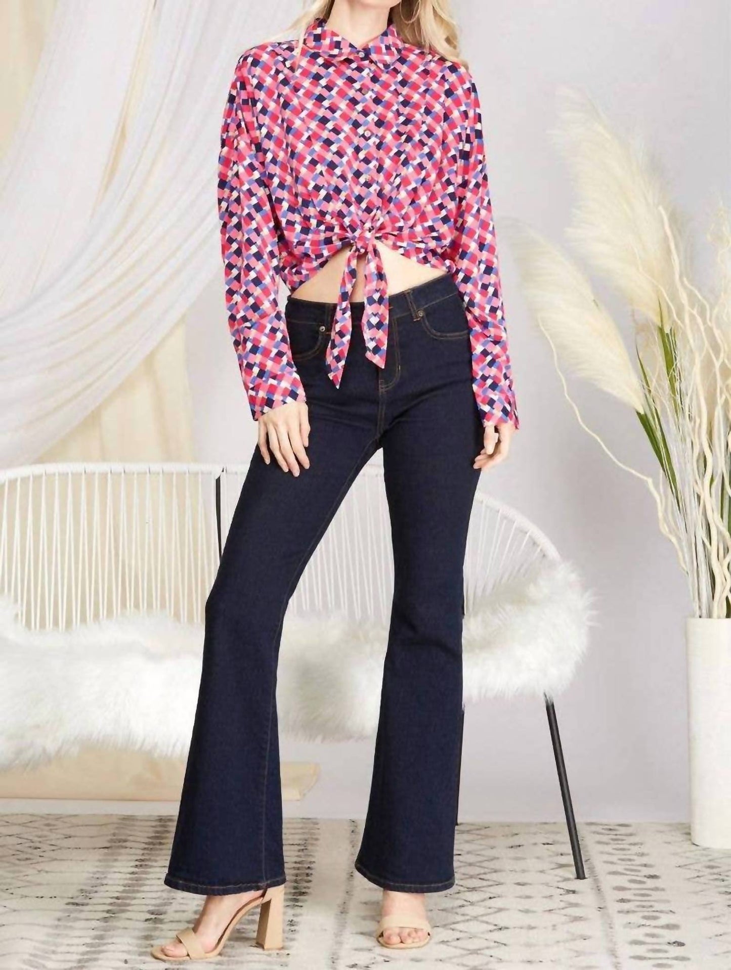 Geo Print Long Sleeves Front-tie Woven Top