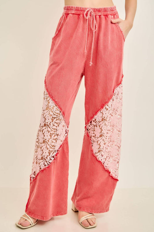 Mineral Washed Floral Lace Elastic Waist Cool Pant