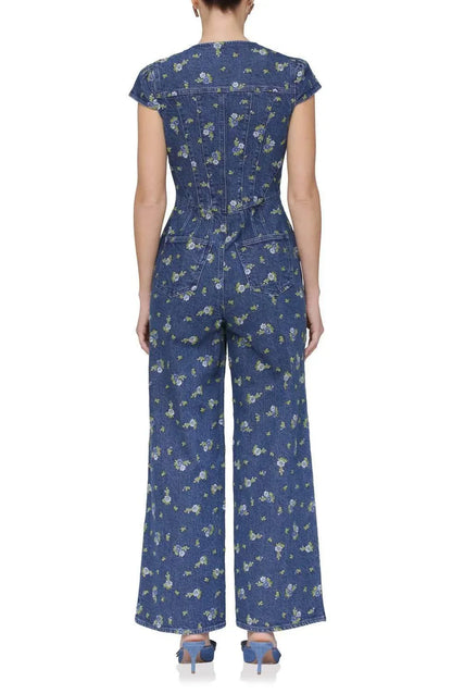 Avec Les Filles - Floral Cap Sleeve Corset Wide Leg Denim Jumpsuit - Rack Hunt