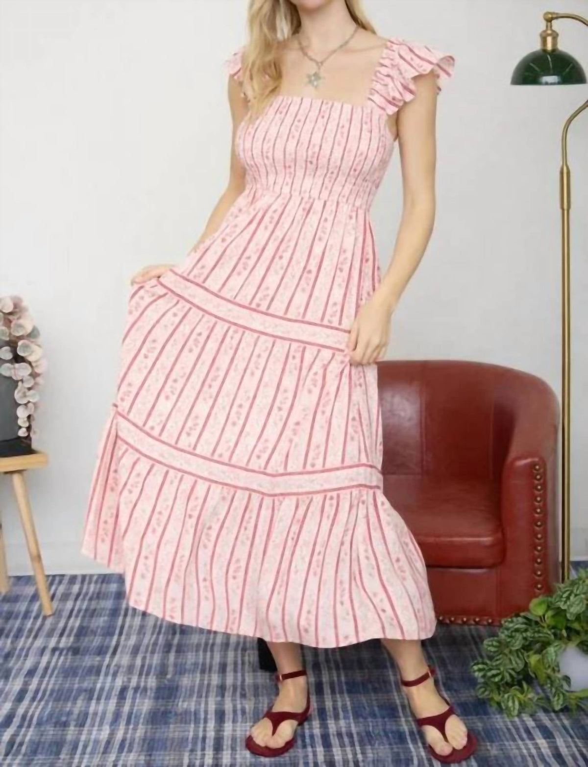 Stripe Floral Pattern Smocked Tiered Midi Dress