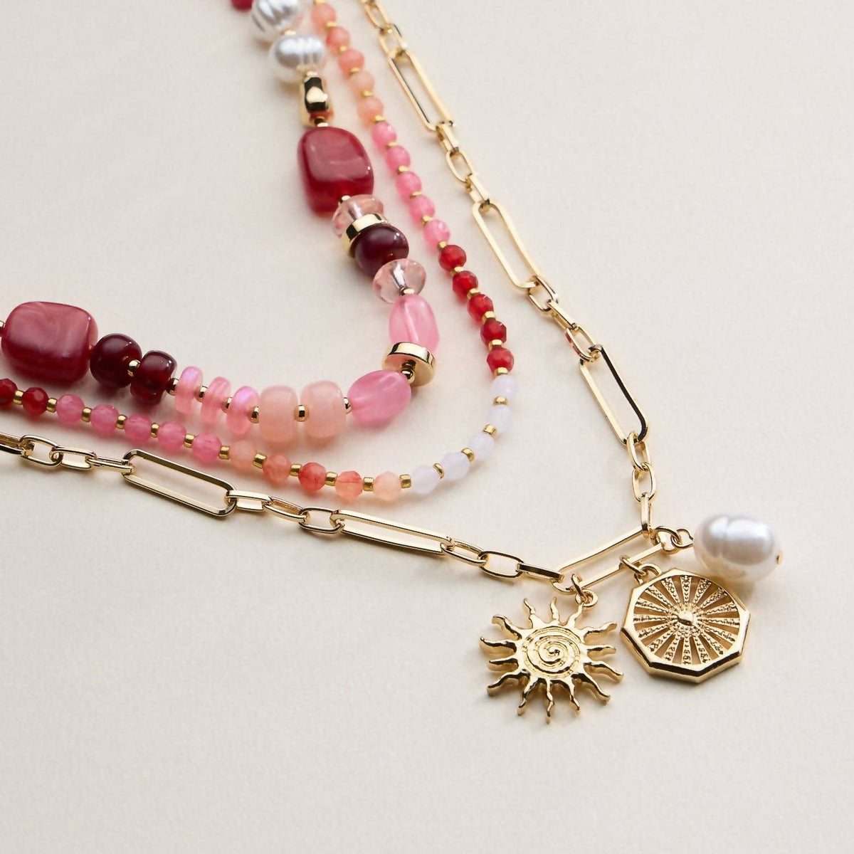 Women's Sun Charm Layered Beaded Necklace