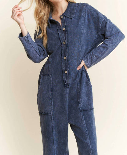 Mineral Wash Button Down Collar Onesie Jumpsuit