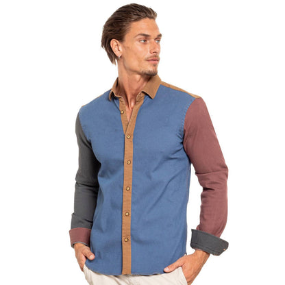 Denim Sections Stretch Button Down Shirt