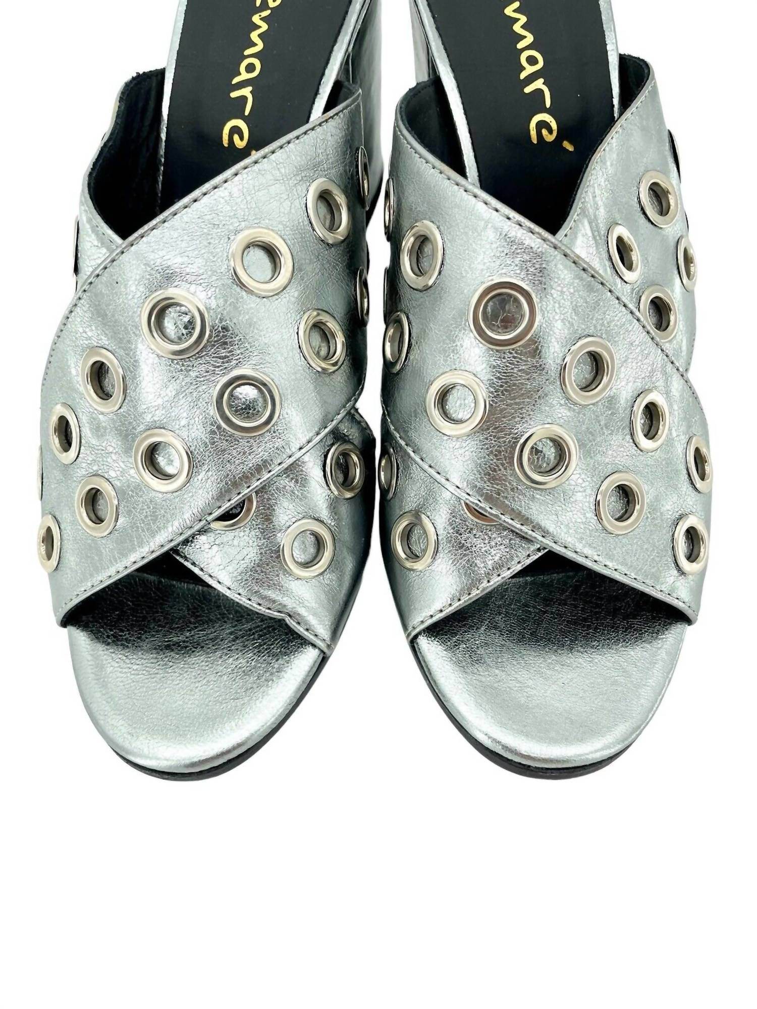 LEMARÉ - Women's Metallic Cross Grommet Block Heel Sandals - Rack Hunt