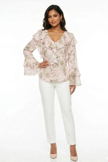Romantic Floral Ruffle V-neck Blouse