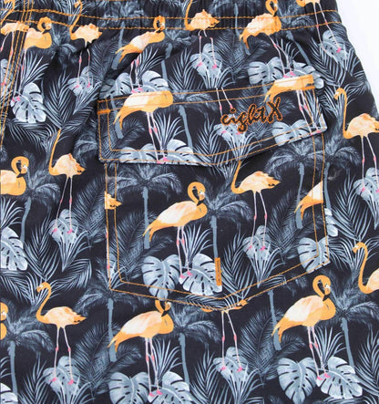 Flamingo and Palm Print Swim Trunks