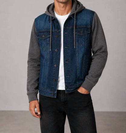 Men's Denim Hooded Jacket With Knitted Sleeves