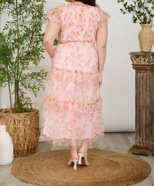Floral Tulle Pattern Smocked Midi Dress - Plus