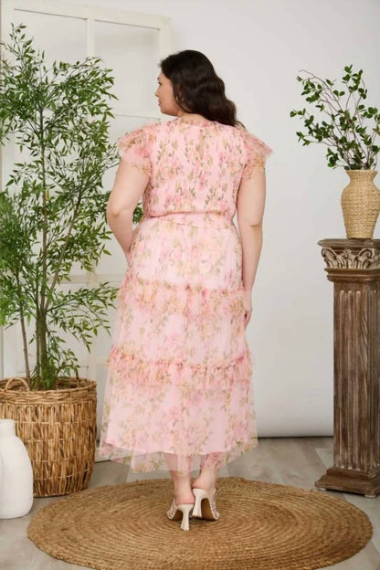 Floral Tulle Pattern Smocked Midi Dress - Plus