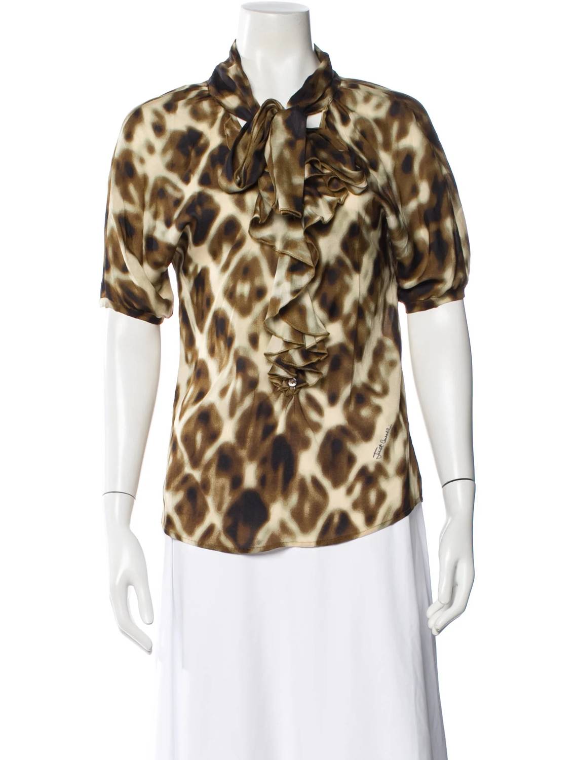 Women's Pre-loved Print Blouse With Ruffle Front Trim And Neck Tie