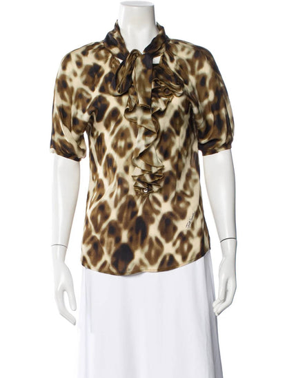 Women's Pre-loved Print Blouse With Ruffle Front Trim And Neck Tie
