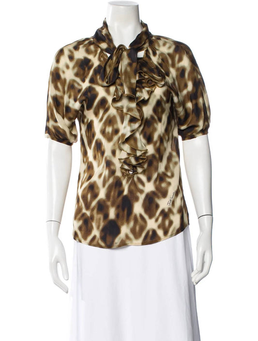 Women's Pre-loved Print Blouse With Ruffle Front Trim And Neck Tie