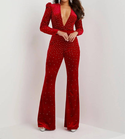 Beaded Velvet Long Sleeve Jumpsuit
