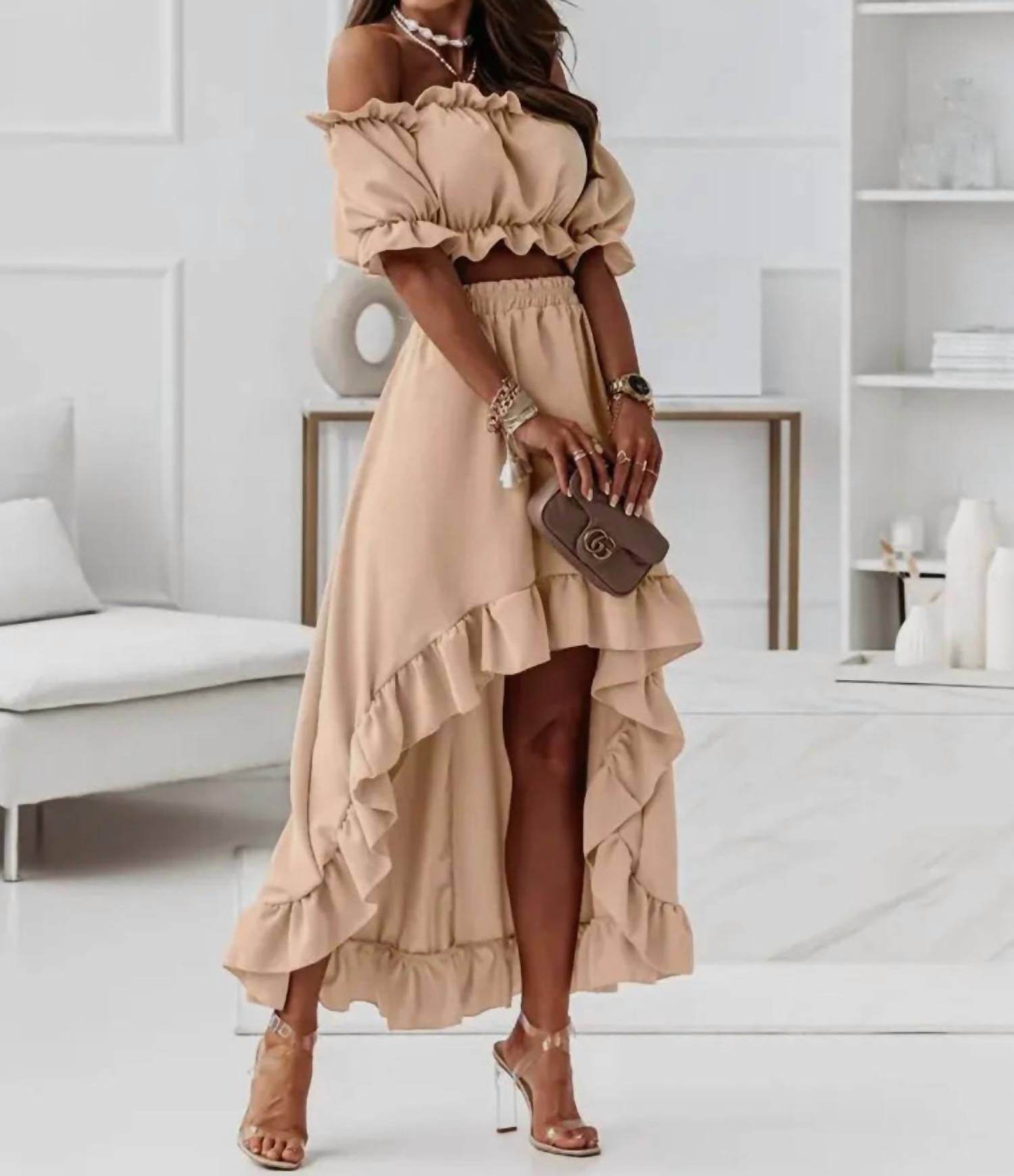 Doublju - Tessa Off The Shoulder Cropped Hi Low Ruffled Two Piece Skirt Set - Rack Hunt -