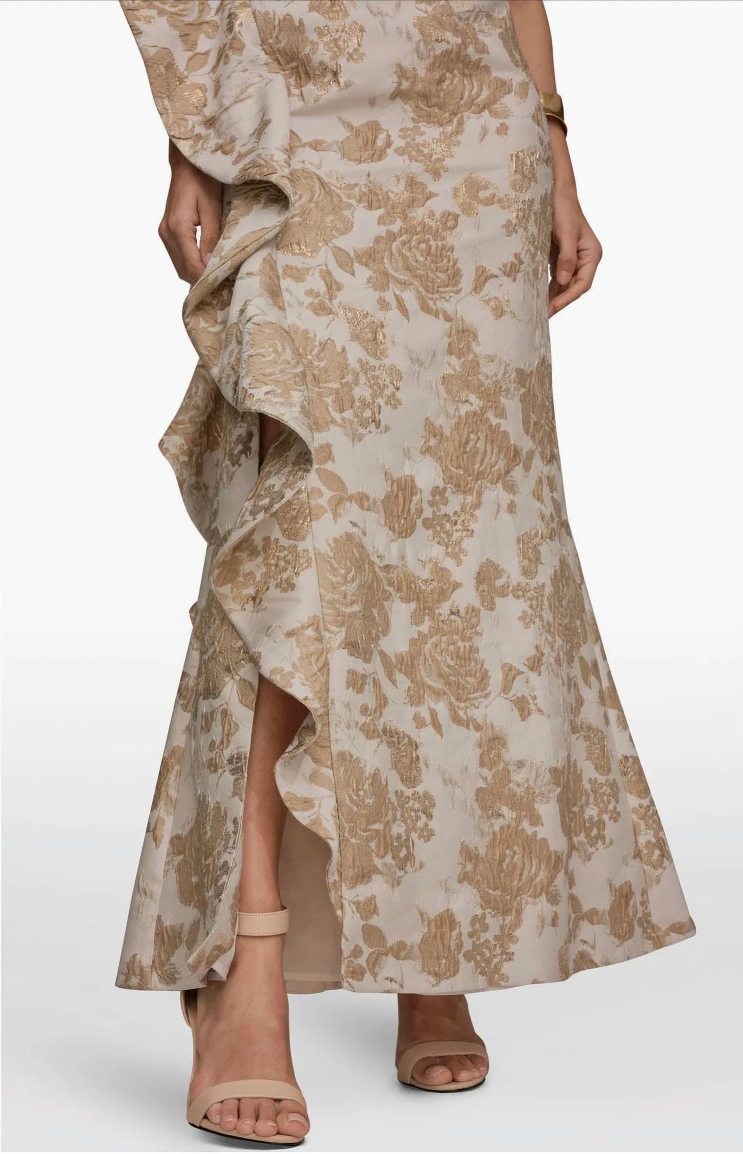 One Shoulder Cascading Ruffle Metallic Floral Gown