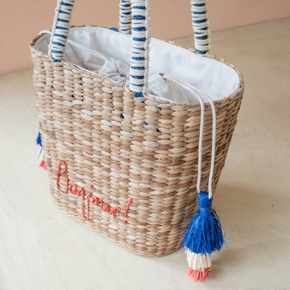 Women's Mini Woven Beach Tote Bag With Embroidered Bonjour